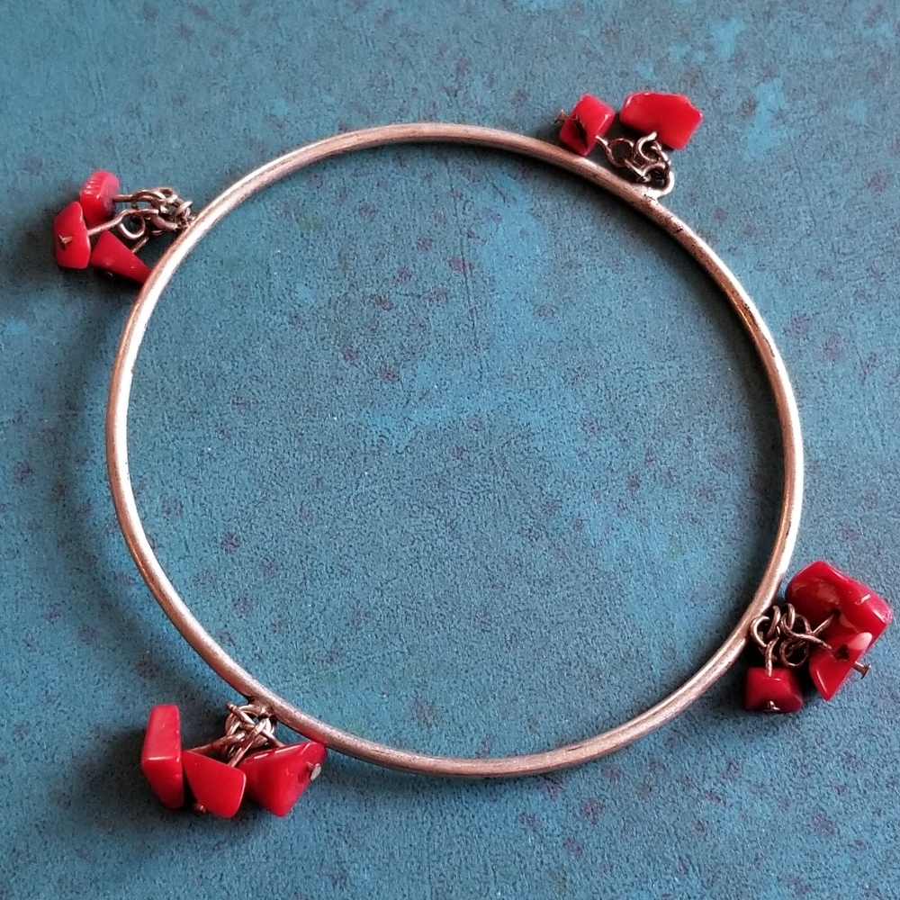 Bangle bracelet with red coral beads silver tone metal